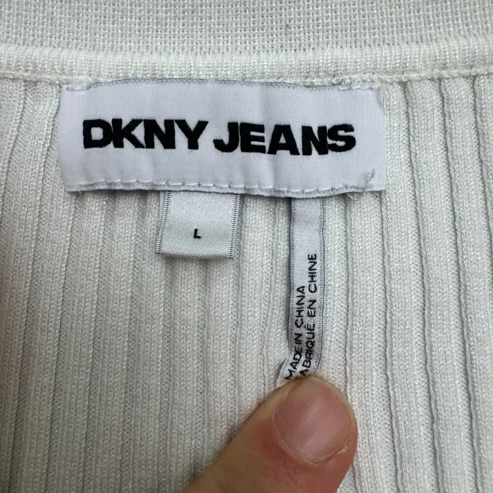 DKNY Jeans Ribbed Knit Polo Shirt Womens Large White Short Sleeve Stretch Top